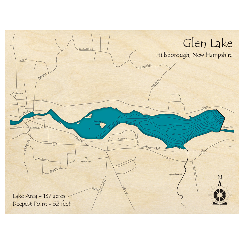 Bathymetric topo map of Glen Lake, NH with roads, towns and depths noted in blue water.