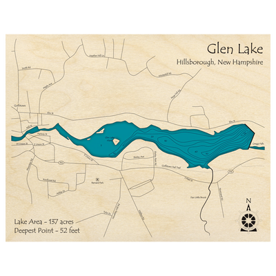 Bathymetric topo map of Glen Lake, NH with roads, towns and depths noted in blue water.