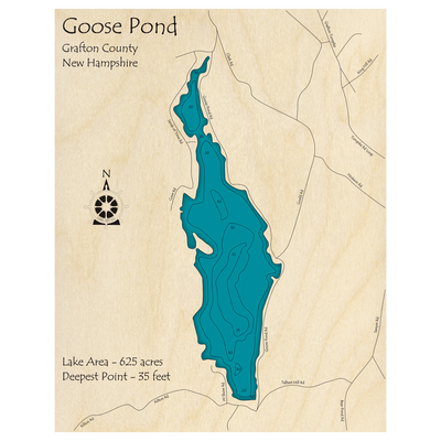 Bathymetric topo map of Goose Pond, NH with roads, towns and depths noted in blue water.