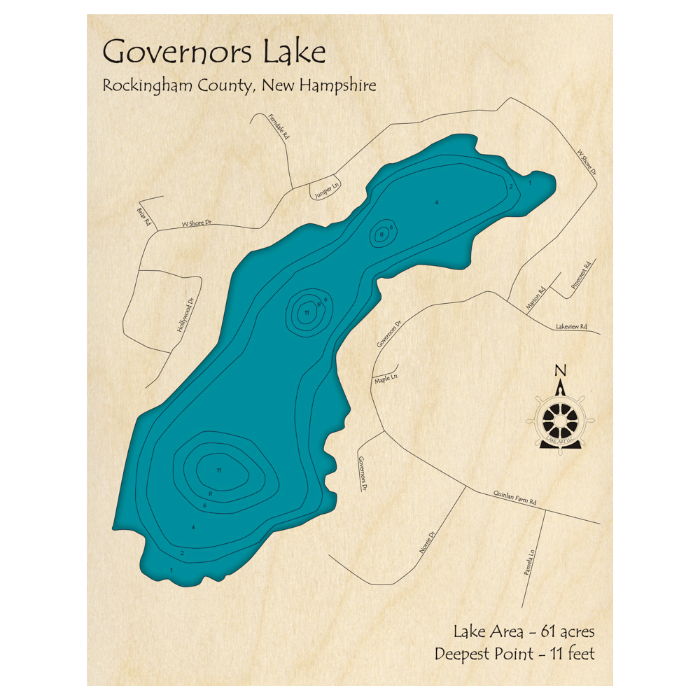 Bathymetric topo map of Governors Lake, NH with roads, towns and depths noted in blue water.