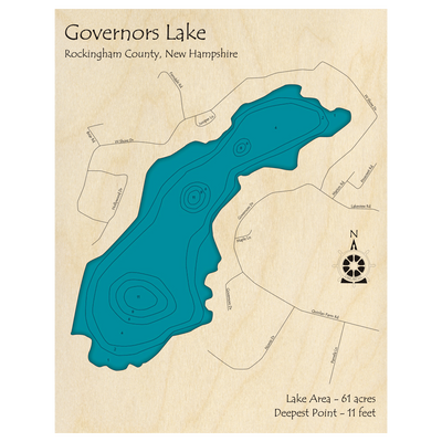 Bathymetric topo map of Governors Lake, NH with roads, towns and depths noted in blue water.
