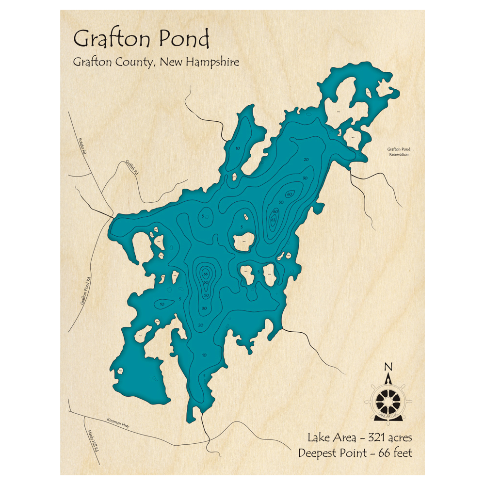 Bathymetric topo map of Grafton Pond, NH with roads, towns and depths noted in blue water.