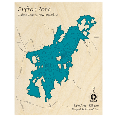 Bathymetric topo map of Grafton Pond, NH with roads, towns and depths noted in blue water.