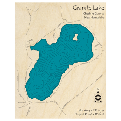 Bathymetric topo map of Granite Lake, NH with roads, towns and depths noted in blue water.