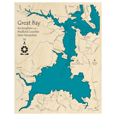 Bathymetric topo map of Great Bay, NH with roads, towns and depths noted in blue water.