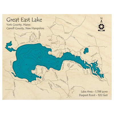 Bathymetric topo map of Great East Lake (ME, NH) with roads, towns and depths noted in blue water.