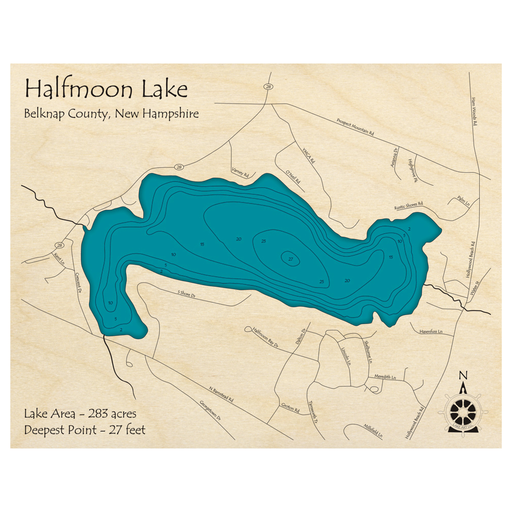 Bathymetric topo map of Halfmoon Lake, NH with roads, towns and depths noted in blue water.
