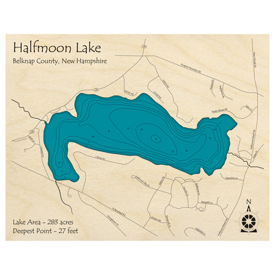 Bathymetric topo map of Halfmoon Lake, NH with roads, towns and depths noted in blue water.