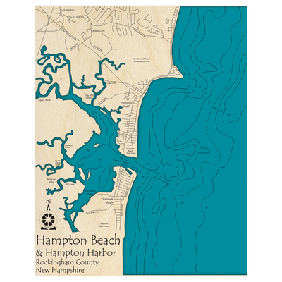 Bathymetric topo map of Hampton Beach - Hampton Harbor, NH with roads, towns and depths noted in blue water.