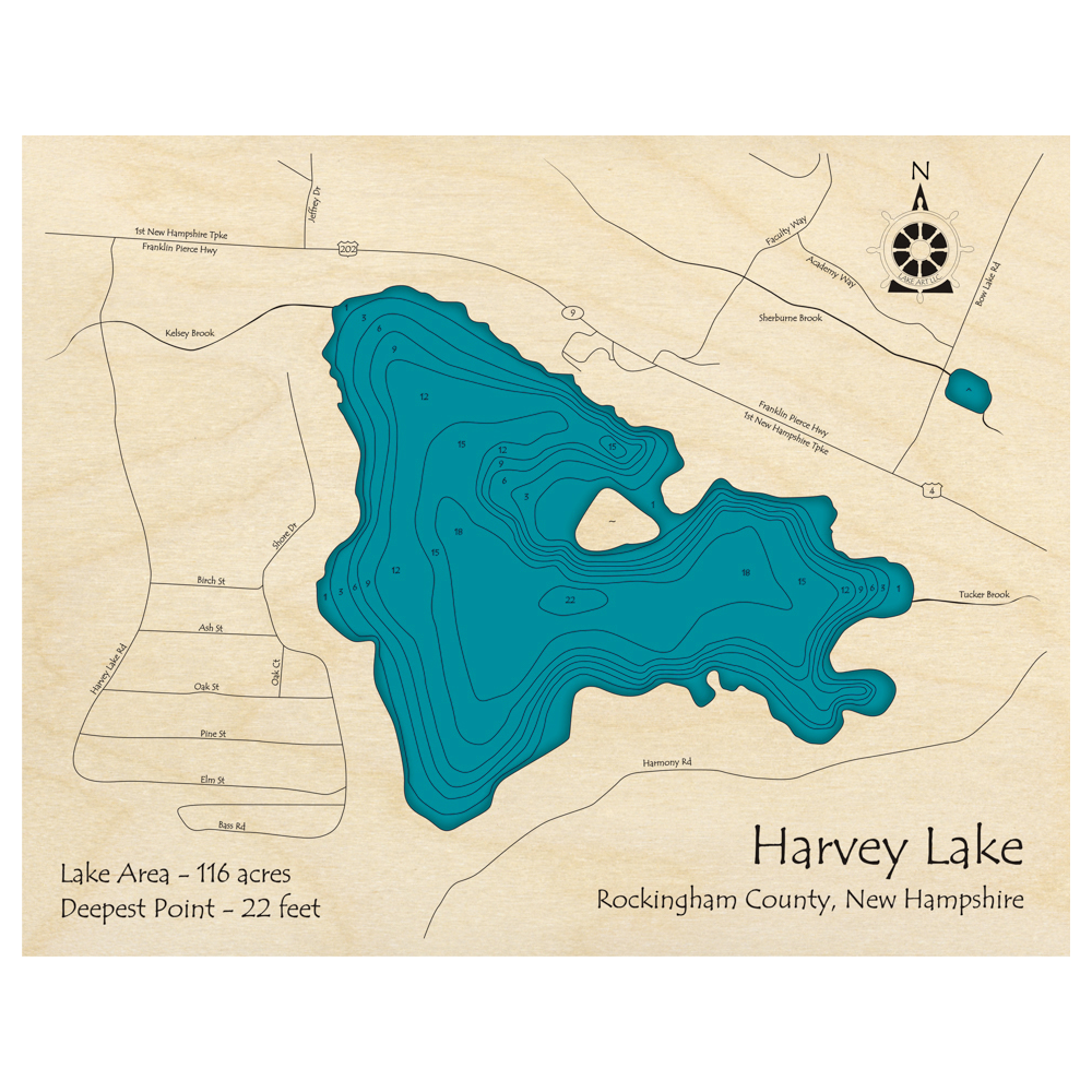 Bathymetric topo map of Harvey Lake, NH with roads, towns and depths noted in blue water.