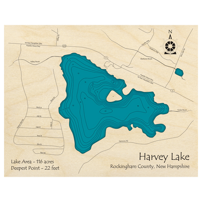Bathymetric topo map of Harvey Lake, NH with roads, towns and depths noted in blue water.