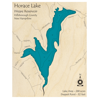 Bathymetric topo map of Horace Lake - Weare Reservoir, NH with roads, towns and depths noted in blue water.