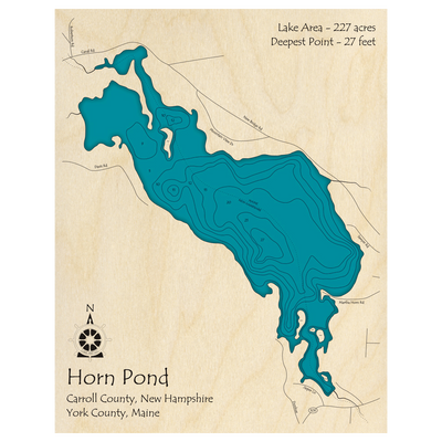 Bathymetric topo map of Horn Pond (ME, NH) with roads, towns and depths noted in blue water.