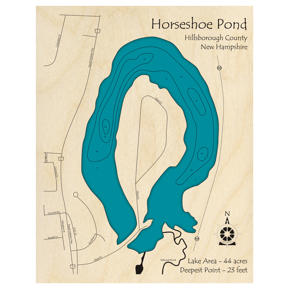 Bathymetric topo map of Horseshoe Pond, NH with roads, towns and depths noted in blue water.