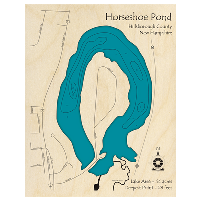 Bathymetric topo map of Horseshoe Pond, NH with roads, towns and depths noted in blue water.