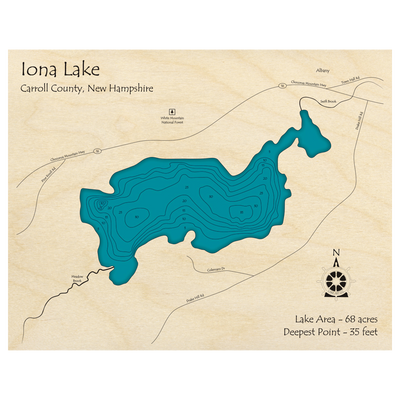 Bathymetric topo map of Iona Lake, NH with roads, towns and depths noted in blue water.