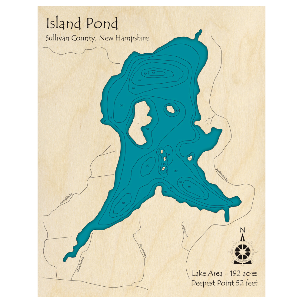 Bathymetric topo map of Island Pond, NH with roads, towns and depths noted in blue water.
