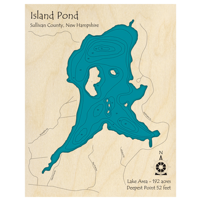 Bathymetric topo map of Island Pond, NH with roads, towns and depths noted in blue water.