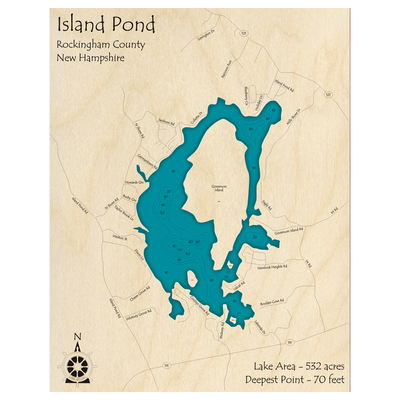 Bathymetric topo map of Island Pond, NH with roads, towns and depths noted in blue water.