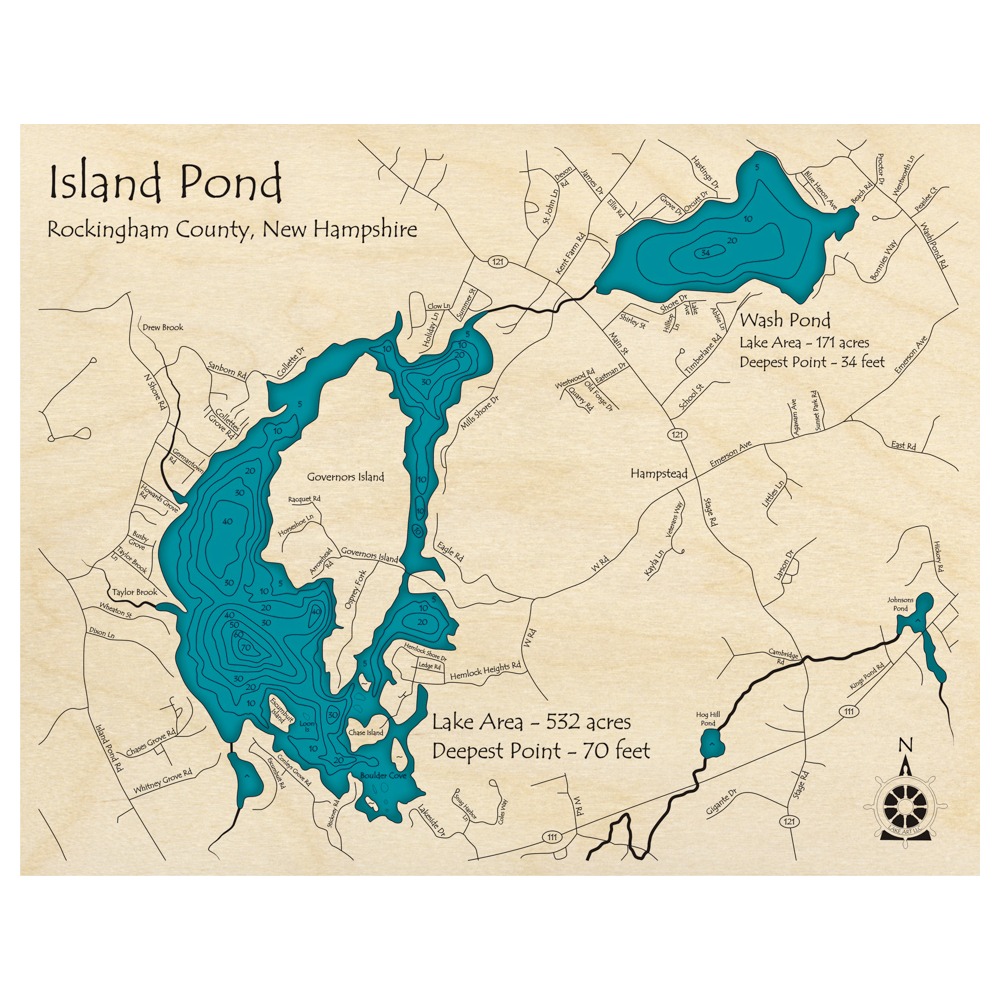 Bathymetric topo map of Island Pond and Wash Pond, NH with roads, towns and depths noted in blue water.