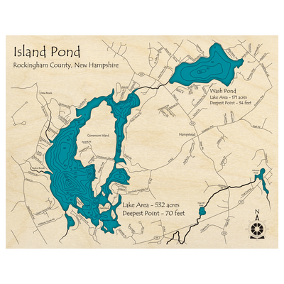 Bathymetric topo map of Island Pond and Wash Pond, NH with roads, towns and depths noted in blue water.
