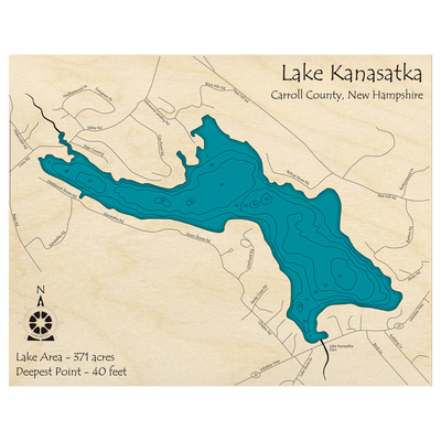 Bathymetric topo map of Lake Kanasatka, NH with roads, towns and depths noted in blue water.