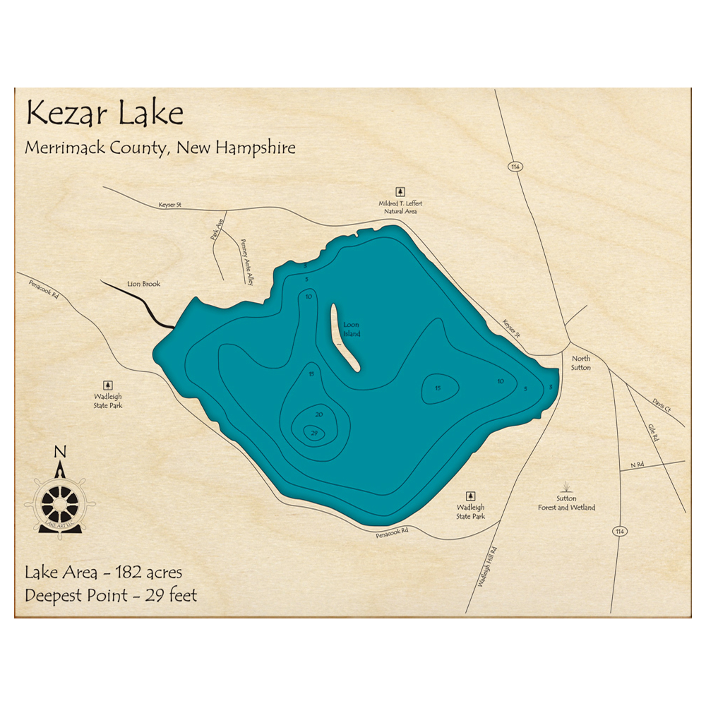 Bathymetric topo map of Kezar Lake, NH with roads, towns and depths noted in blue water.