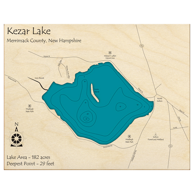 Bathymetric topo map of Kezar Lake, NH with roads, towns and depths noted in blue water.