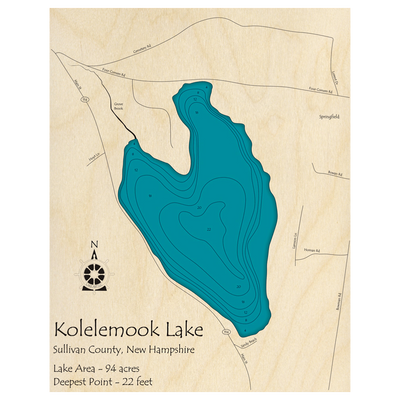 Bathymetric topo map of Kolelemook Lake, NH with roads, towns and depths noted in blue water.