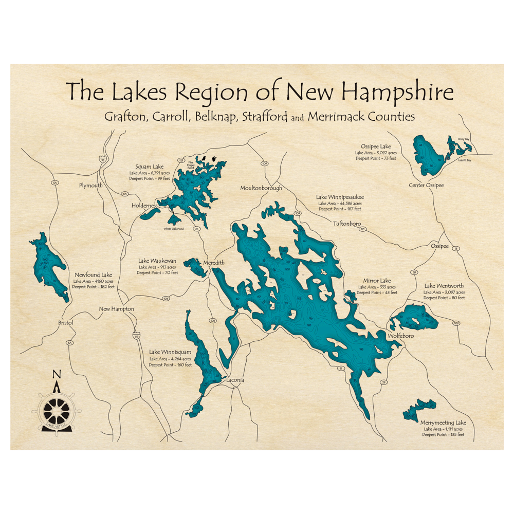 Bathymetric topo map of Lakes Region, NH with roads, towns and depths noted in blue water.
