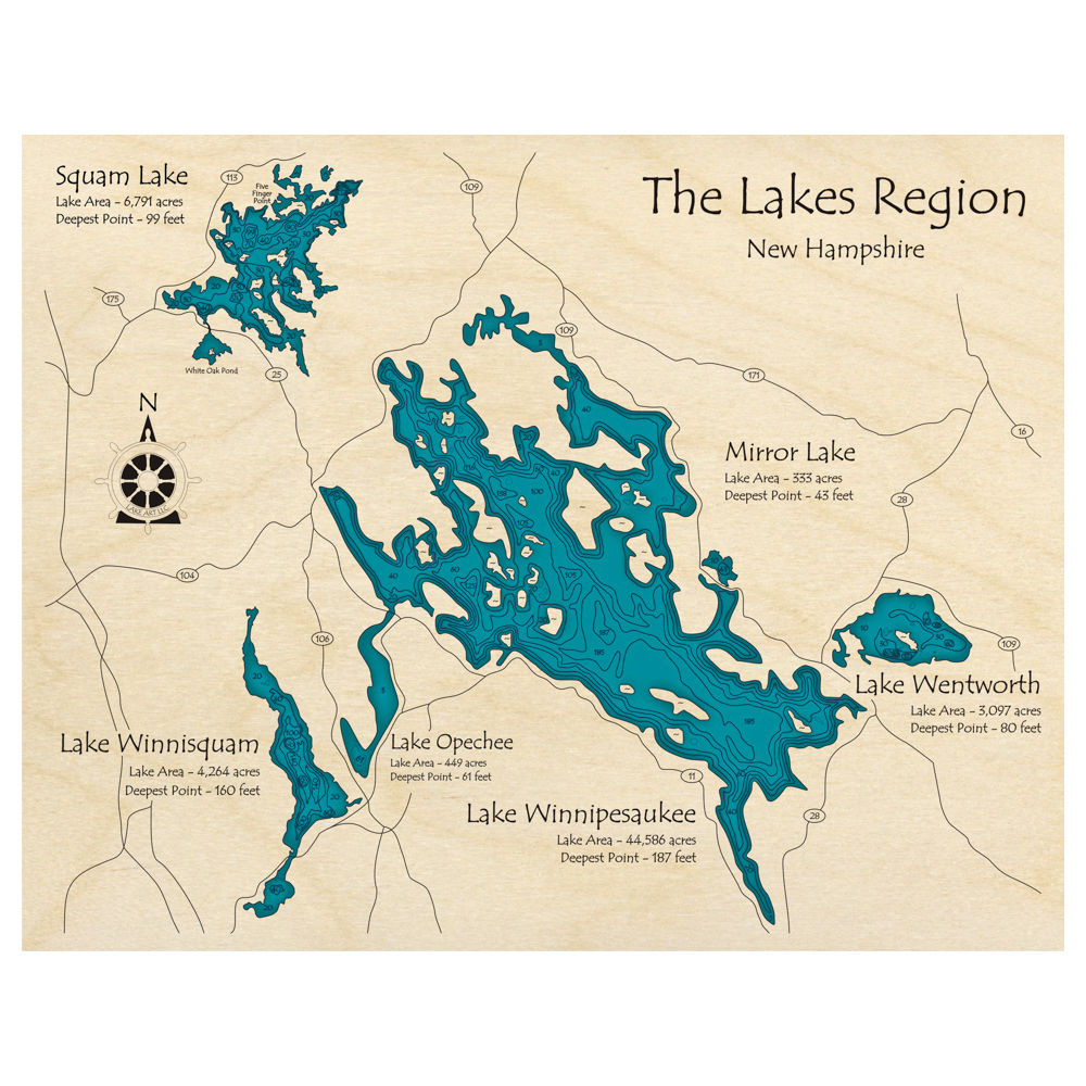 Bathymetric topo map of Lakes Region, NH with roads, towns and depths noted in blue water.