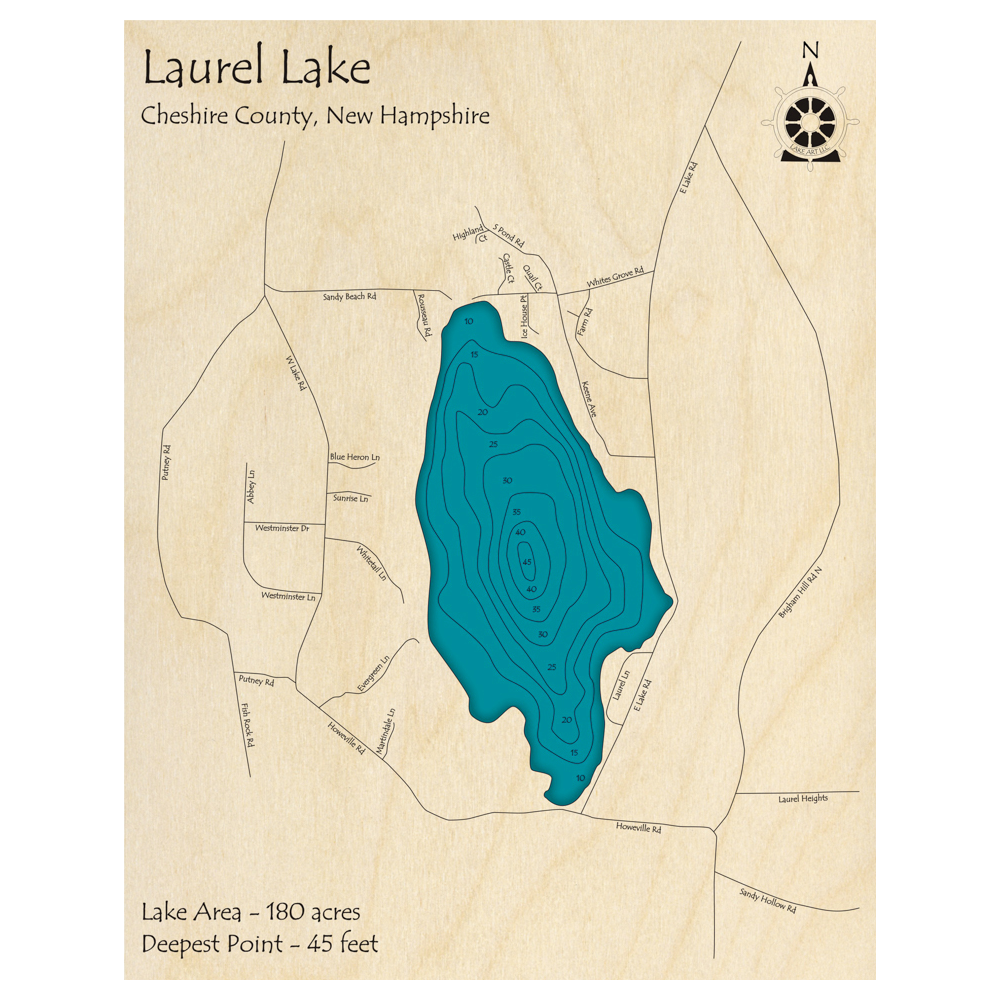 Bathymetric topo map of Laurel Lake, NH with roads, towns and depths noted in blue water.