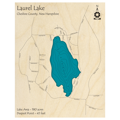 Bathymetric topo map of Laurel Lake, NH with roads, towns and depths noted in blue water.