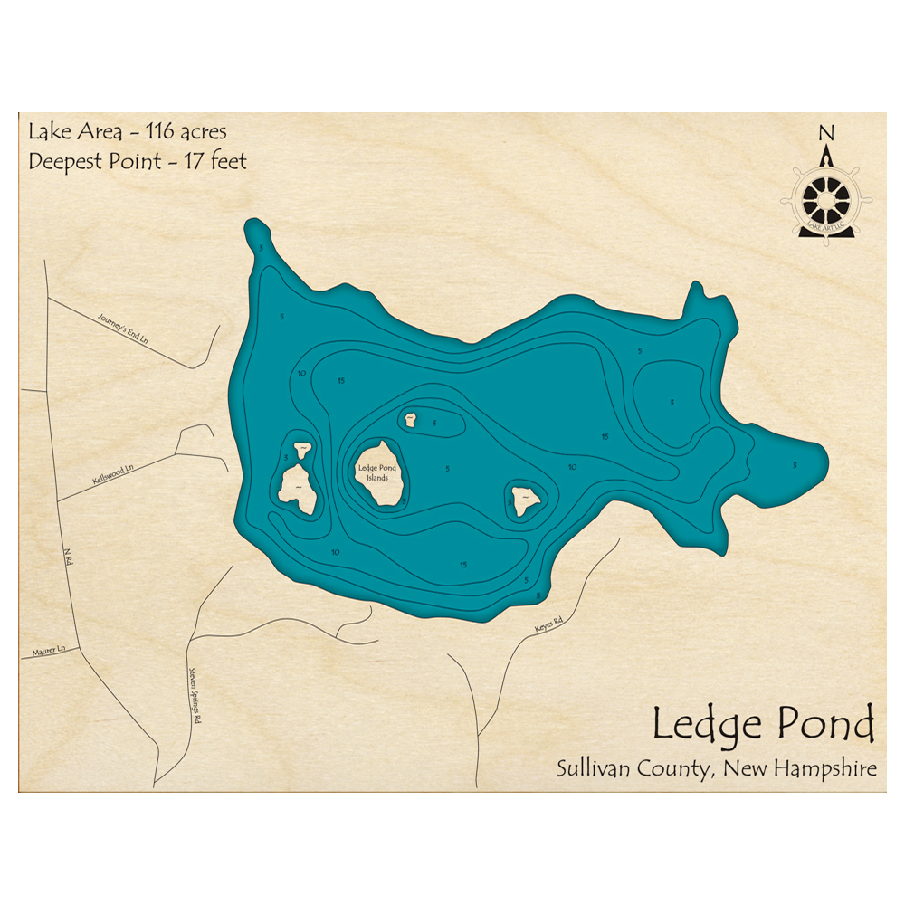 Bathymetric topo map of Ledge Pond, NH with roads, towns and depths noted in blue water.