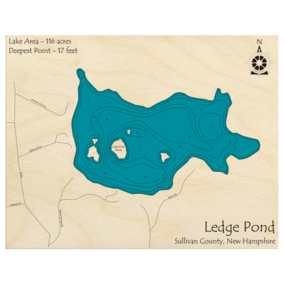 Bathymetric topo map of Ledge Pond, NH with roads, towns and depths noted in blue water.