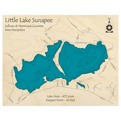 Bathymetric topo map of Little Lake Sunapee, NH with roads, towns and depths noted in blue water.
