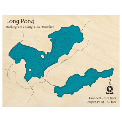 Bathymetric topo map of Long Pond, NH with roads, towns and depths noted in blue water.