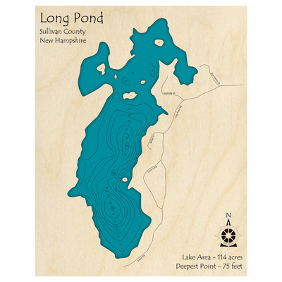 Bathymetric topo map of Long Pond, NH with roads, towns and depths noted in blue water.