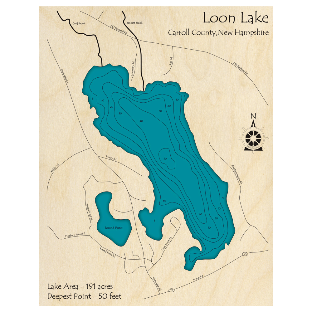 Bathymetric topo map of Loon Lake, NH with roads, towns and depths noted in blue water.