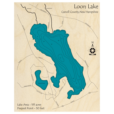 Bathymetric topo map of Loon Lake, NH with roads, towns and depths noted in blue water.