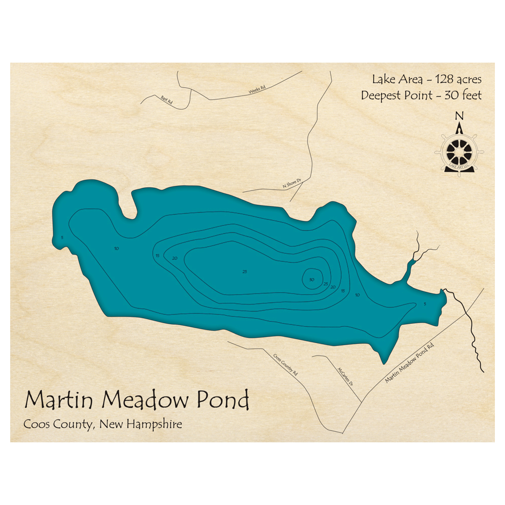 Bathymetric topo map of Martin Meadow Pond, NH with roads, towns and depths noted in blue water.