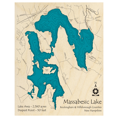 Bathymetric topo map of Massabesic Lake, NH with roads, towns and depths noted in blue water.