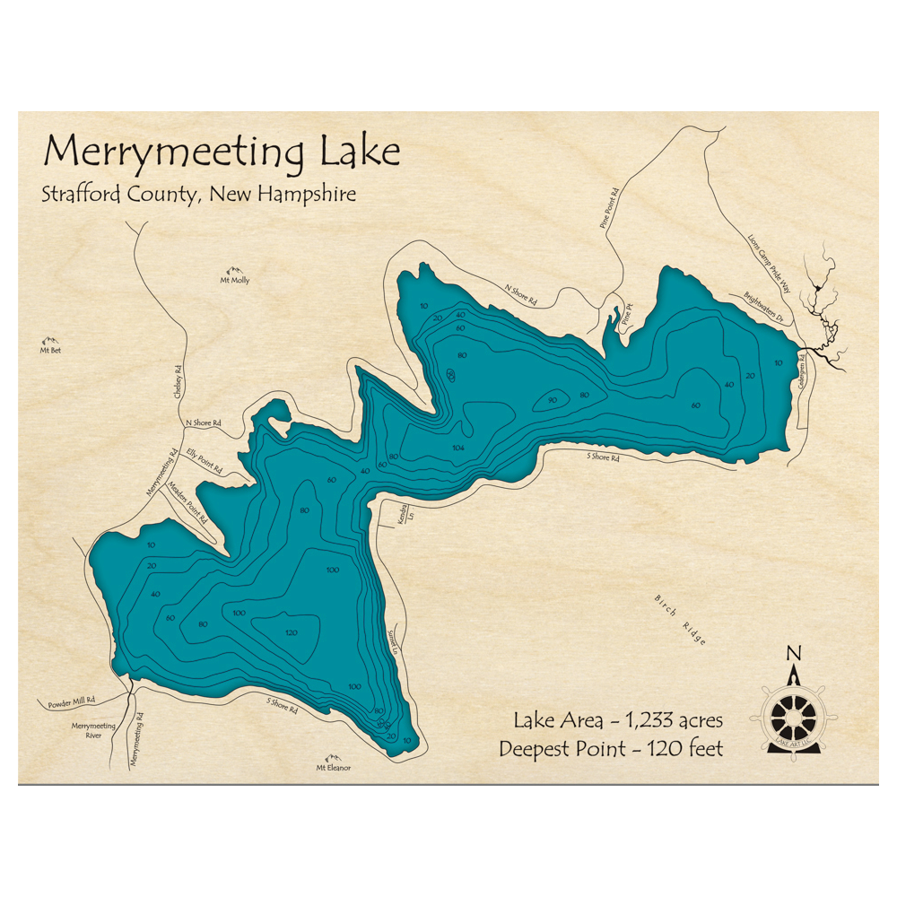 Bathymetric topo map of Merrymeeting Lake, NH with roads, towns and depths noted in blue water.