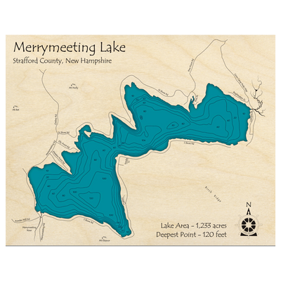 Bathymetric topo map of Merrymeeting Lake, NH with roads, towns and depths noted in blue water.