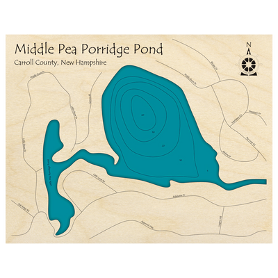Bathymetric topo map of Middle Pea Porridge Pond, NH with roads, towns and depths noted in blue water.