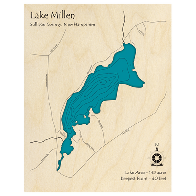Bathymetric topo map of Lake Millen, NH with roads, towns and depths noted in blue water.
