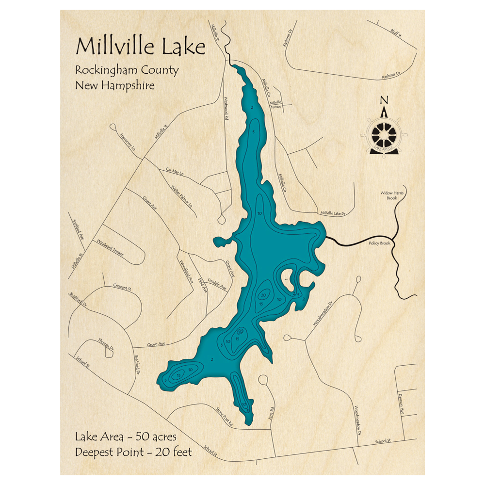 Bathymetric topo map of Millville Lake, NH with roads, towns and depths noted in blue water.