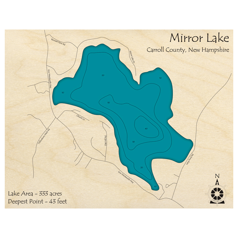 Bathymetric topo map of Mirror Lake, NH with roads, towns and depths noted in blue water.
