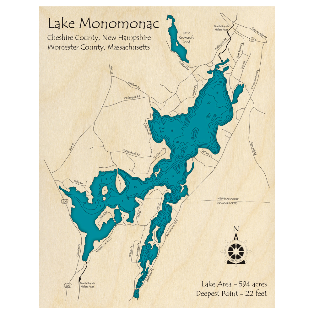 Bathymetric topo map of Monomonac Lake (NH, MA) with roads, towns and depths noted in blue water.