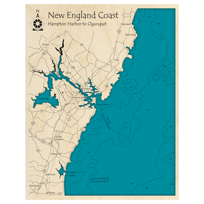 Bathymetric topo map of New England Coast (ME, NH) with roads, towns and depths noted in blue water.